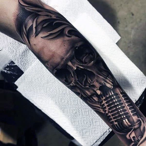 Dark Skull Metallic Realistic Microphone Mens Music Sleeve Tattoo