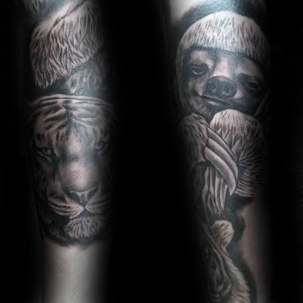 Dark Sloth Black And Grey Heavily Shaded Male Forearm Tattoos