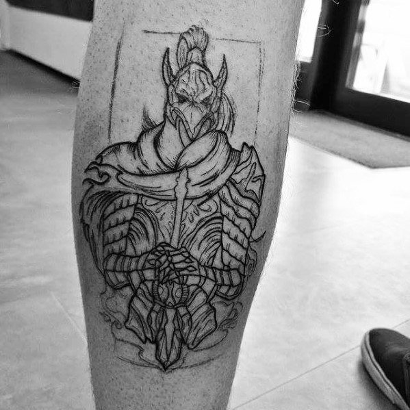 Black linework tattoo of Dragon Slayer Ornstein from Dark Souls, depicted in ornate armor with a large spear and poised stance.