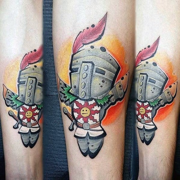 Colorful Solaire of Astora tattoo in cartoon style, with arms raised and a glowing sun behind, from Dark Souls.