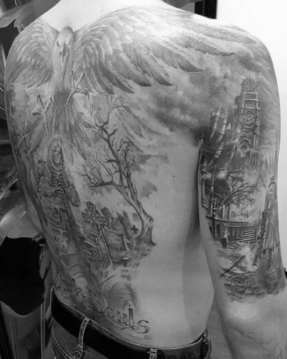 Full back tattoo inspired by Dark Souls, featuring detailed scenes of a knight, gothic architecture, a giant crow, and eerie landscapes.