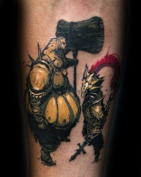 Dark Souls tattoo of iconic duo Ornstein and Smough in a gritty, stylized design with rich colors and bold outlines.