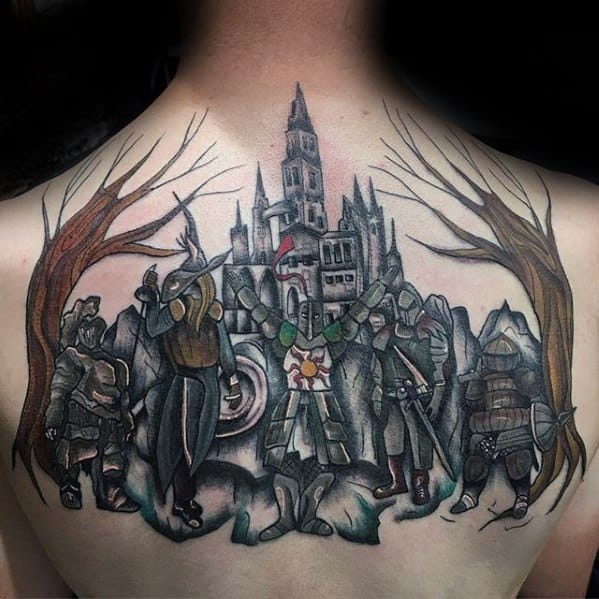 Epic Dark Souls back tattoo featuring key characters including Solaire, standing before a towering castle framed by barren trees.