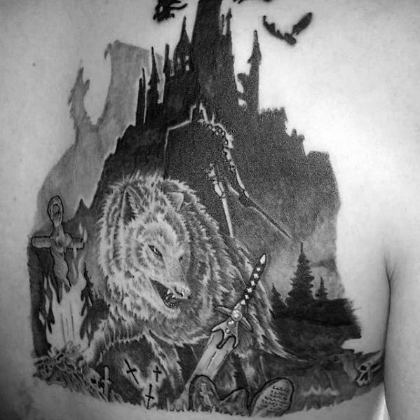 Dark Souls tattoo featuring Great Grey Wolf Sif, swords, a gothic castle, gravestones, and dark fantasy elements.