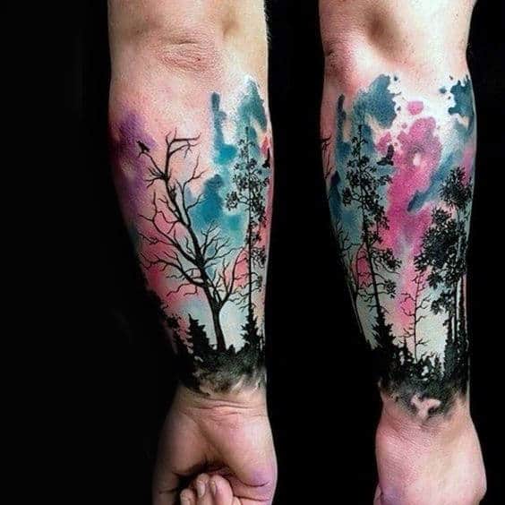Dark Trees And Watercolor Tree Tattoo Male Forearms