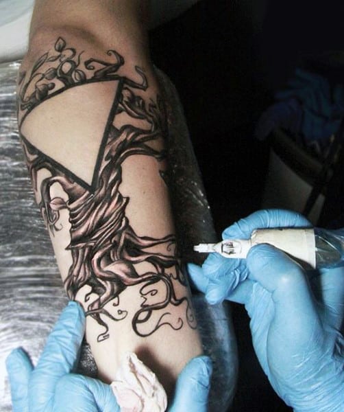 Dark Triangle On Spooky Tree Tattoo On Arms For Men