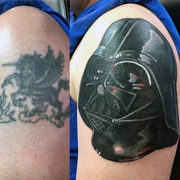 Darth Vader Head Cover Up Mens Upper Arm Tattoos