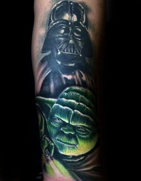 Darth Vader With Yoda Male Forearm Tattoo Ideas