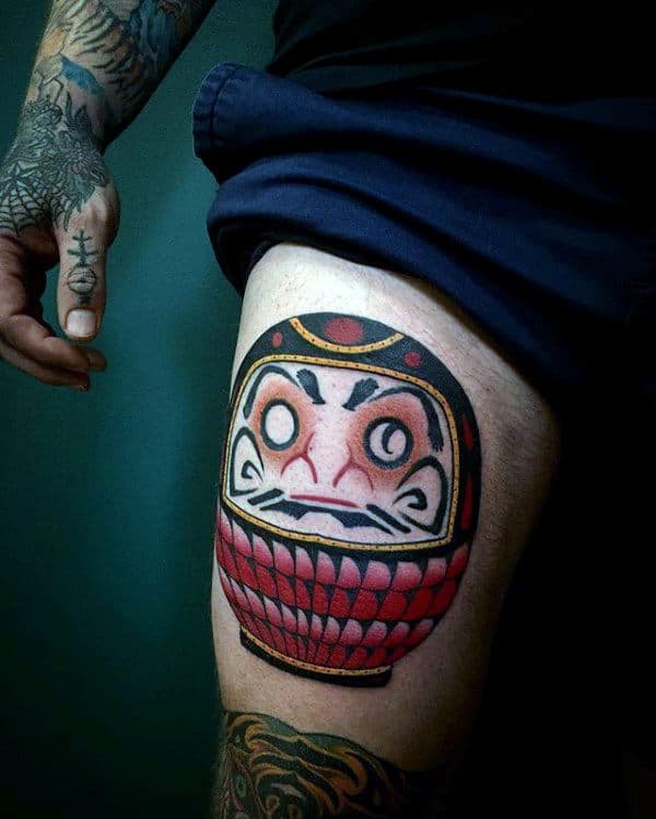 Daruma Doll Male Thigh Tattoos