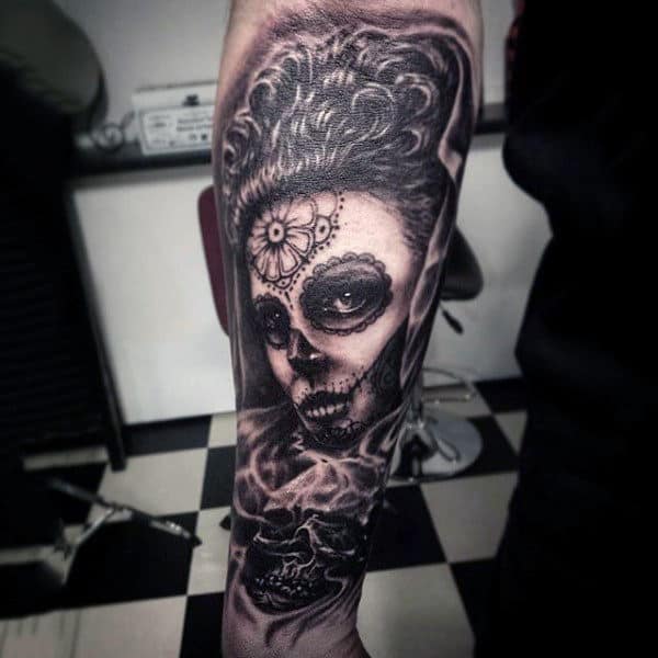 Day Of The Dead Girl With Design On Forehead And Skull Tattoo Mens Forearms