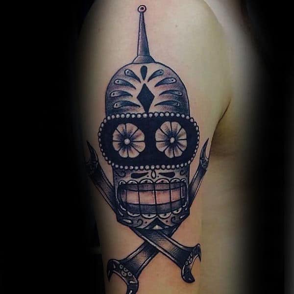 Day Of The Dead Mens Futurama Bender Robot Tattoo Design On Upper Arm