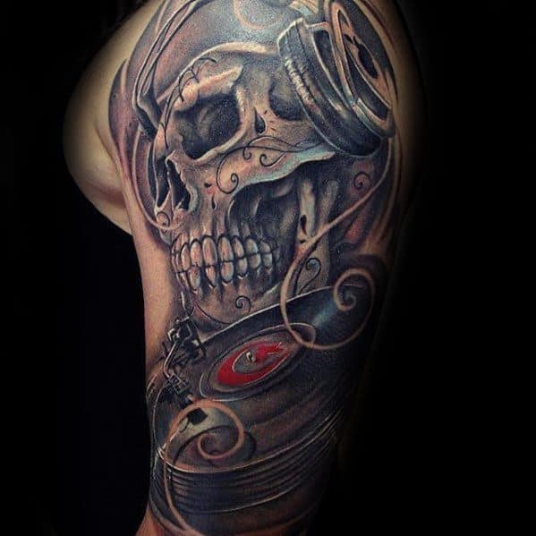 Day Of The Dead Skull Headphones Headphones Male Half Sleeve Tattoo Ideas