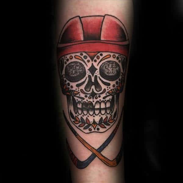 Day Of The Dead Skull With Hockey Themed Mens Tattoo On Forearm
