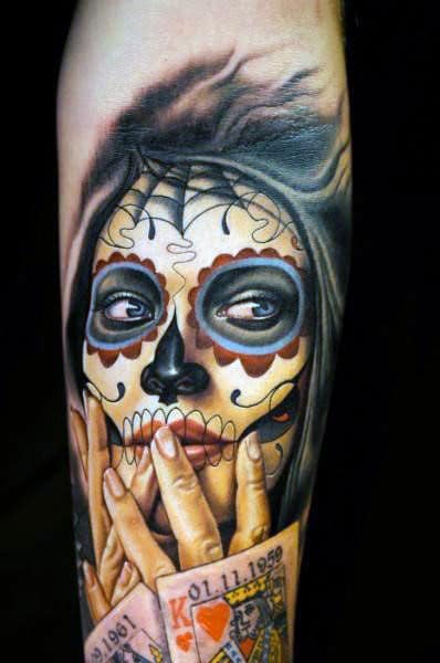 Day Of The Dead Tattoo With Realistic Hands And Playing Cards Tattoo Guys Arms