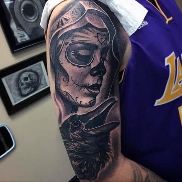 Day Of The Dead Themed Black Ink Mens Half Sleeve Tattoo With Crow