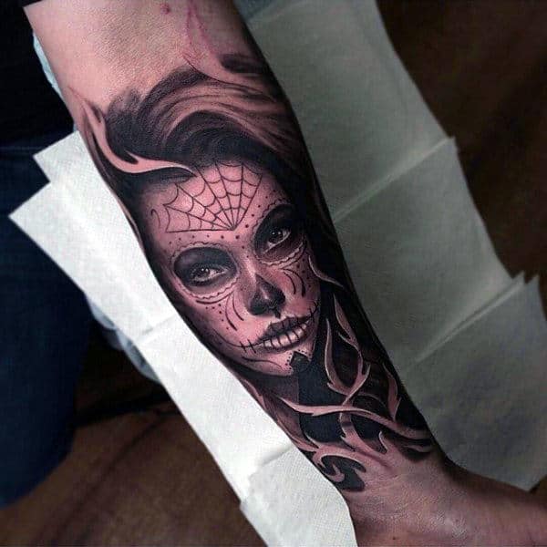 Day Of The Dead Themed Inner Forearm Male Tattoos