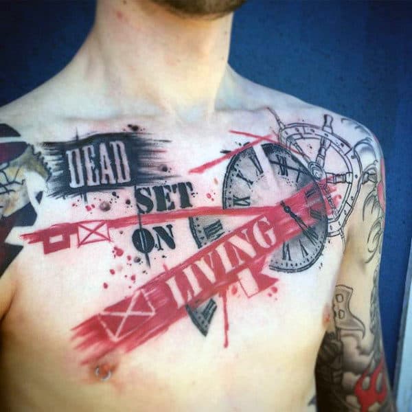 Dead Set On Living Guys Trash Polka Abstract Chest Tattoo