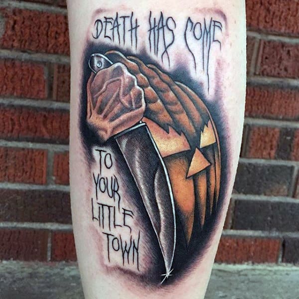 Deadly Halloween Pumpkin Tattoo Male Legs