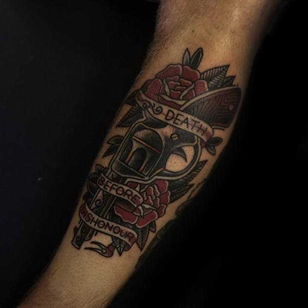 Death Before Dishonor With Revolver And Rose Flower Guys Leg Tattoo