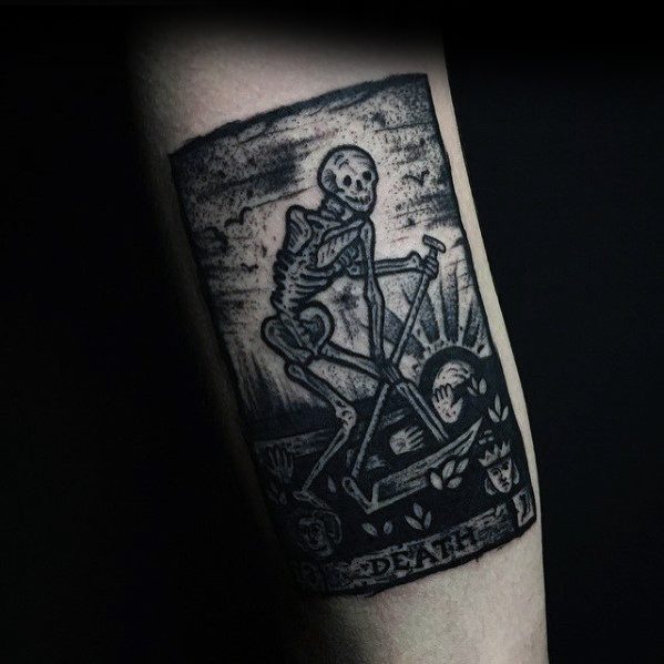 Death Card Inner Arm Bicep Male With Cool Tarot Tattoo Design