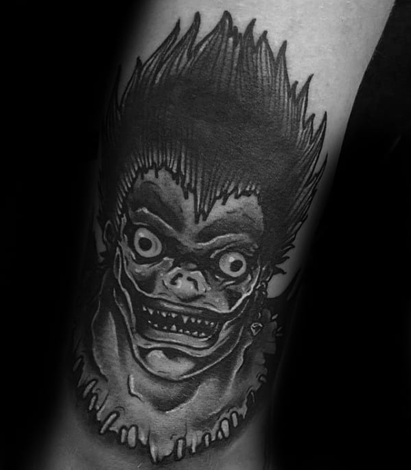 Death Note Tattoos For Gentlemen Lower Leg Shaded Black And Grey Ink