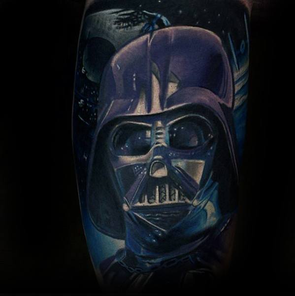 Detailed Darth Vader tattoo features the looming Death Star, capturing the dark power of the Sith Lord and the Empire