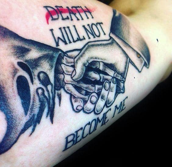 Death Will Not Become Of Me Mens Life And Death Bicep Inner Arm Tattoos
