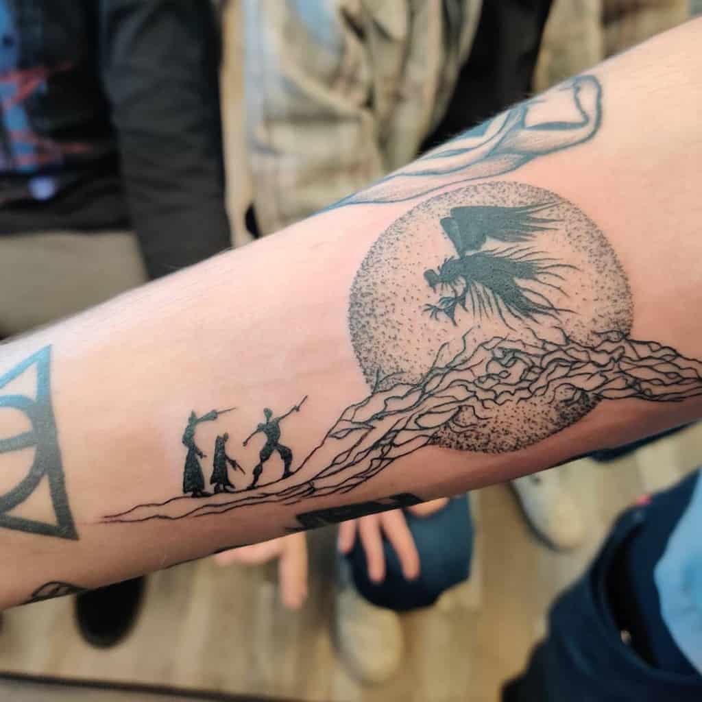 Minimalist Deathly Hallows tattoo featuring the Tale of the Three Brothers, with silhouetted figures facing Death under a dotted moon.