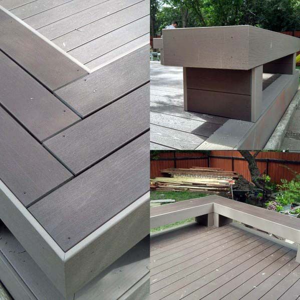 Gray composite decking with a sleek, matching bench and clean, angular lines in a garden setting