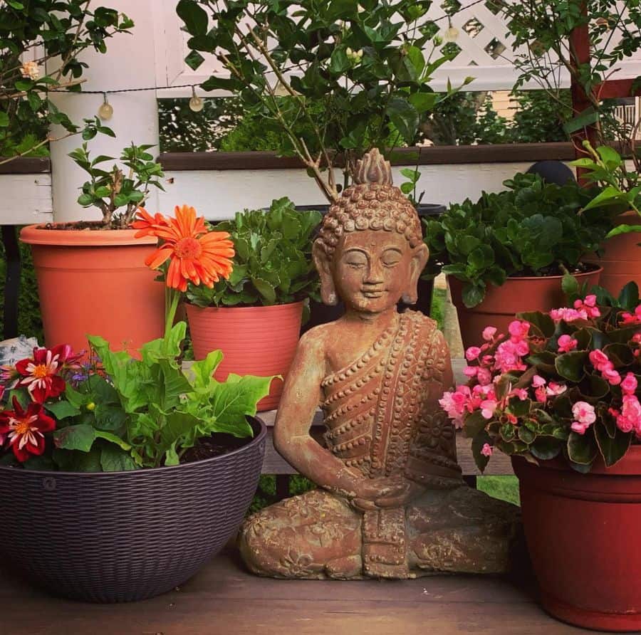 A serene Buddha statue surrounded by colorful potted flowers and greenery on a patio