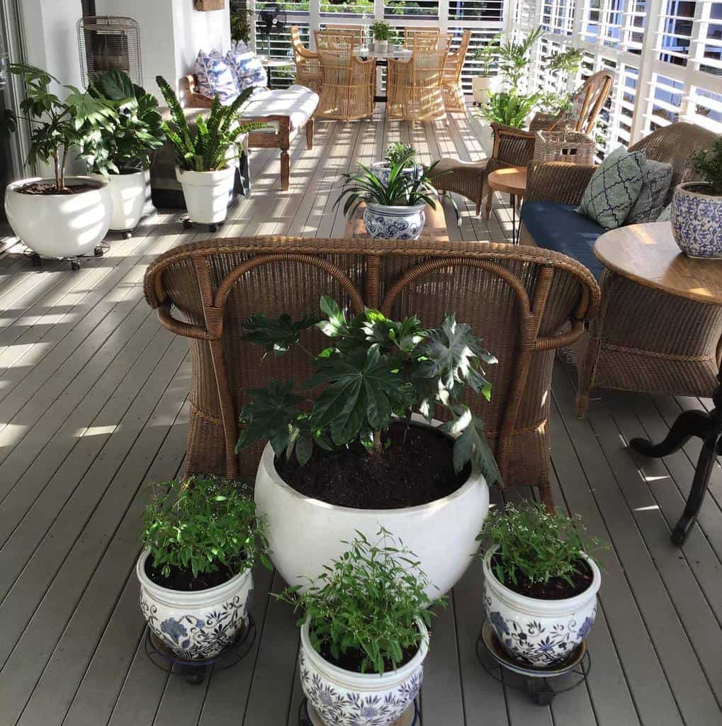 wood deck enclosed patio wicker furniture pot plants 