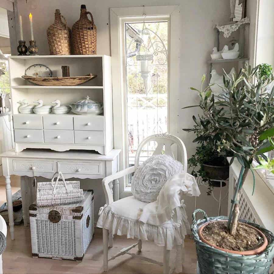 country style space white cabinet and chair wicker chest 