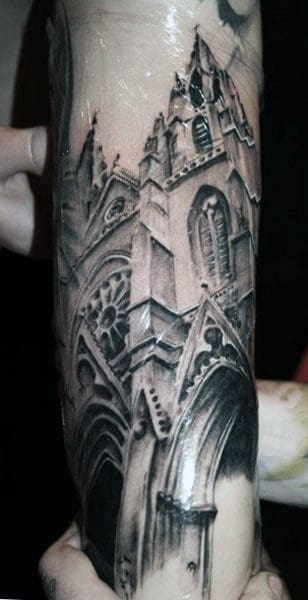 Decorative Church Windows Male Building Forearm Tattoos