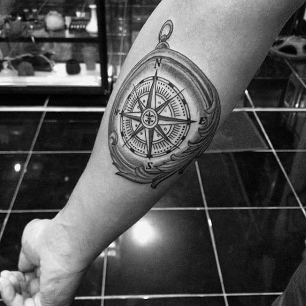 Decorative Compass Travel Forearm Tattoo On Man