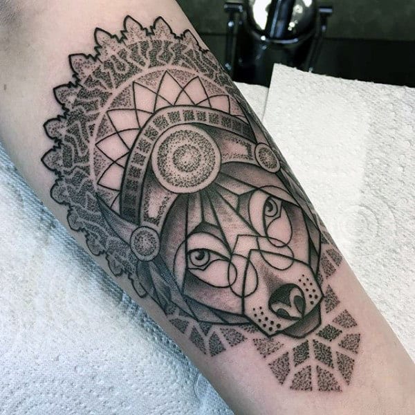 Decorative Dotwork Male Geometric Wolf Arm Tattoo Ideas