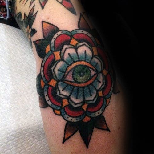 Decorative Flower Traditional Eye Mens Elbow Tattoo