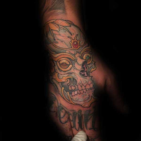 Decorative Guys Fancy Skull Hand Tattoo Design Ideas