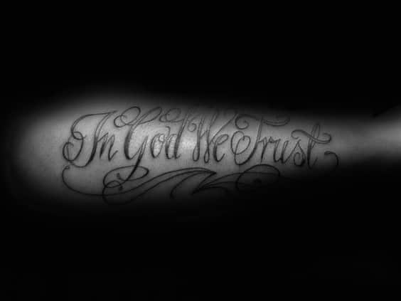 Decorative In God We Trust Guys Outer Forearm Tattoo Design Inspiration
