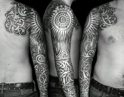 Three views of an intricate full sleeve tattoo with geometric and tribal designs