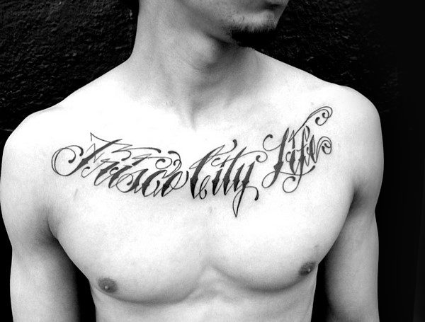 Decorative Lettering Collar Bone Tattoos For Gentlemen
