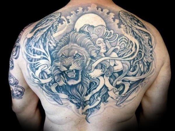 Decorative Lion Upper Back Guys Tattoos