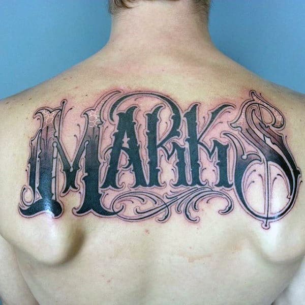 Decorative Male Marks Last Name Upper Back Tattoos