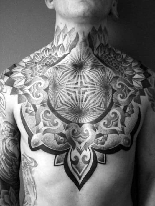 Decorative Mens Optical Illusion Chest Tattoo