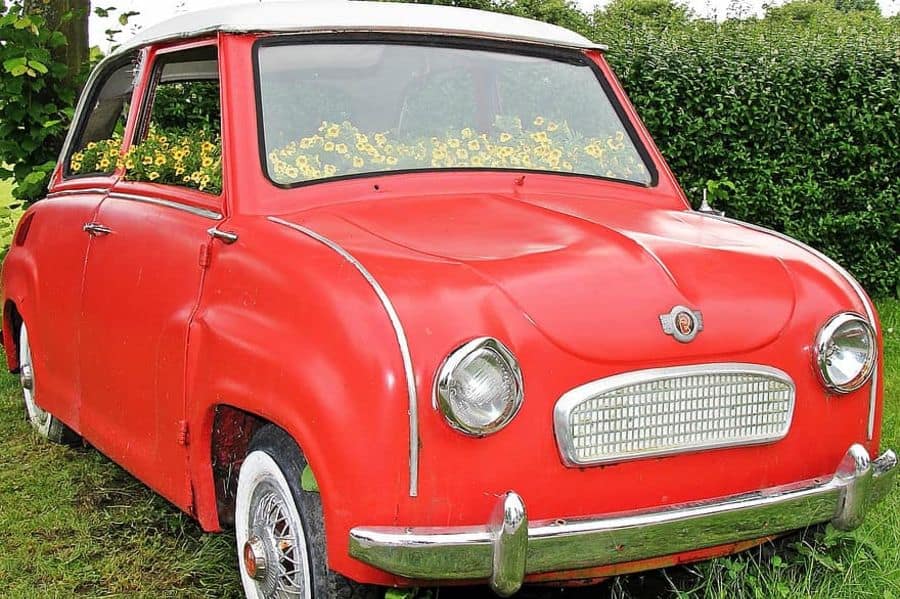 old red car planter with yellow flowers