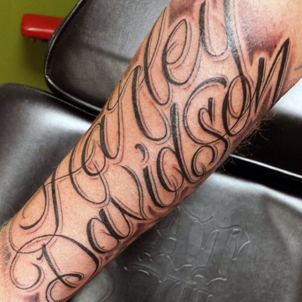 Decorative Script Lettering Tattoos Of Harley Davidson For Guys