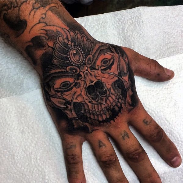 Decorative Skull Mens Hand Tattoo Design Ideas