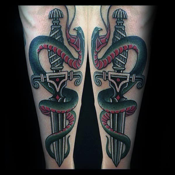 Decorative Sword With Snake Mens Traditional Outer Forearm Tattoo