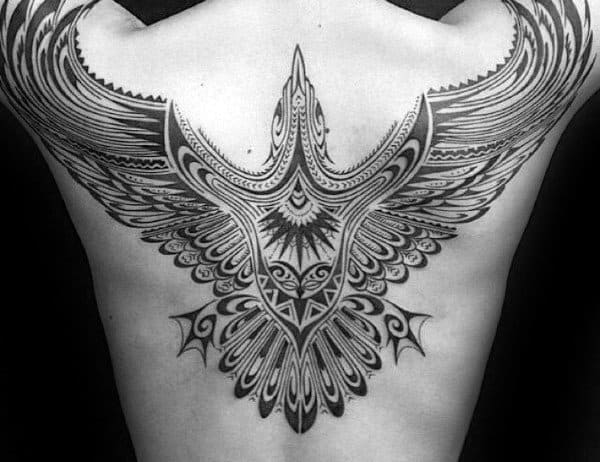 Decorative Tribal Eagle Male Back And Shoulder Tattoos