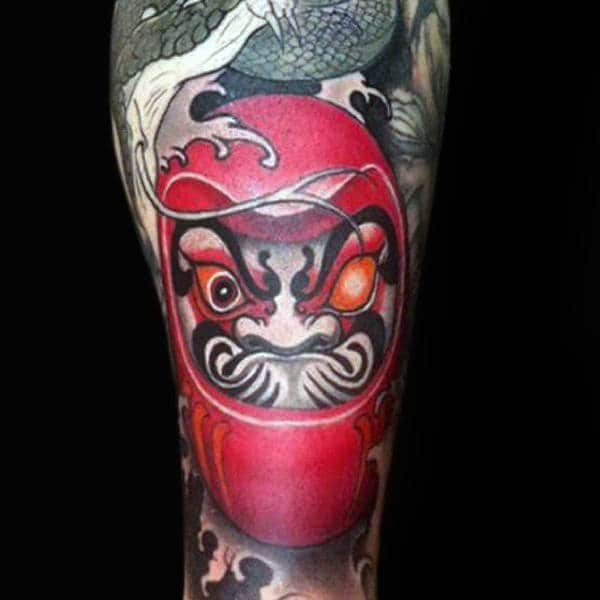 Deep Red Daruma Doll Sleeve Mens Tattoos