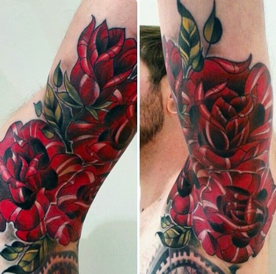 Deep Wine Red Floral Tattoo Men Armpit